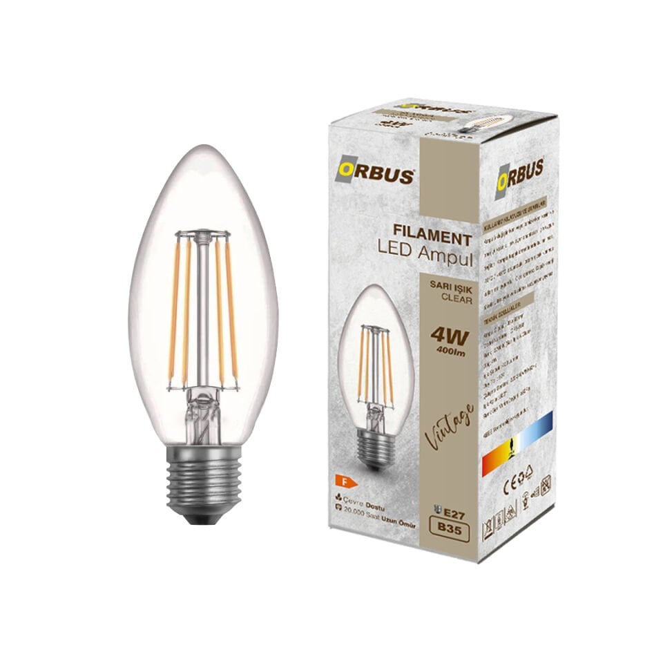 Orbus B36 4W LED Filament Mum Ampul – Sarı Işık, E27, 400Lm