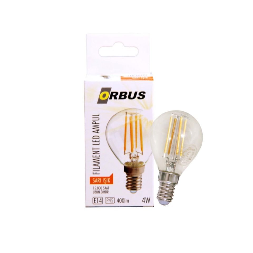 ORBUS PC45 Filament LED Ampul E14 Şeffaf Cam Sarı Işık 4W 400 Lümen 2700K