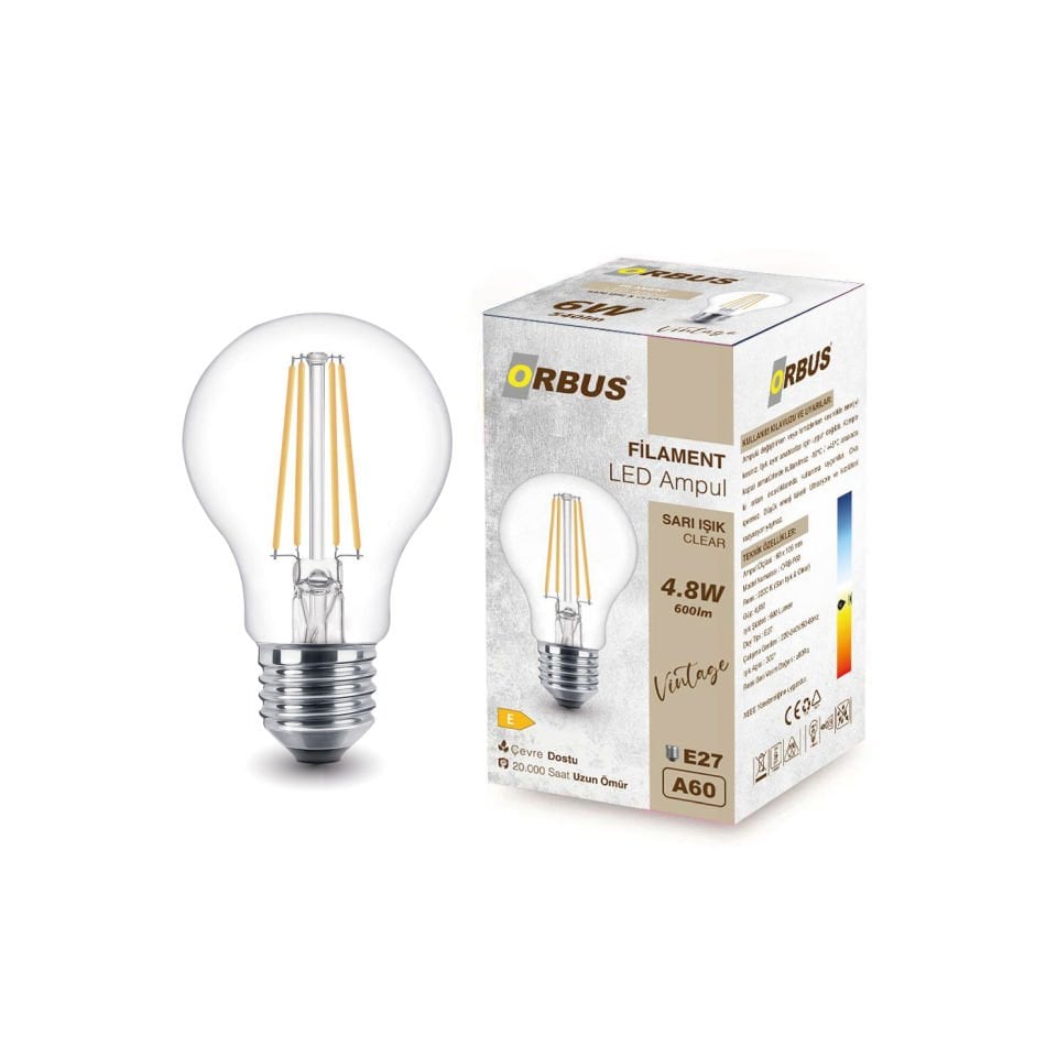 ORBUS F60 4.8W E27 Clear Filament Ampul - 2700K Sarı Işık, 600 Lümen