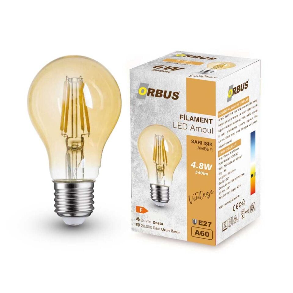 Orbus A60 LED Filament Ampul 4.8W Amber Cam 2700K Sarı Işık 540 Lümen