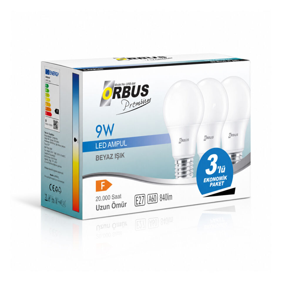 ORBUS Premium 9W LED Ampul 3’lü Paket Beyaz Işık 6500K E27 840 Lümen