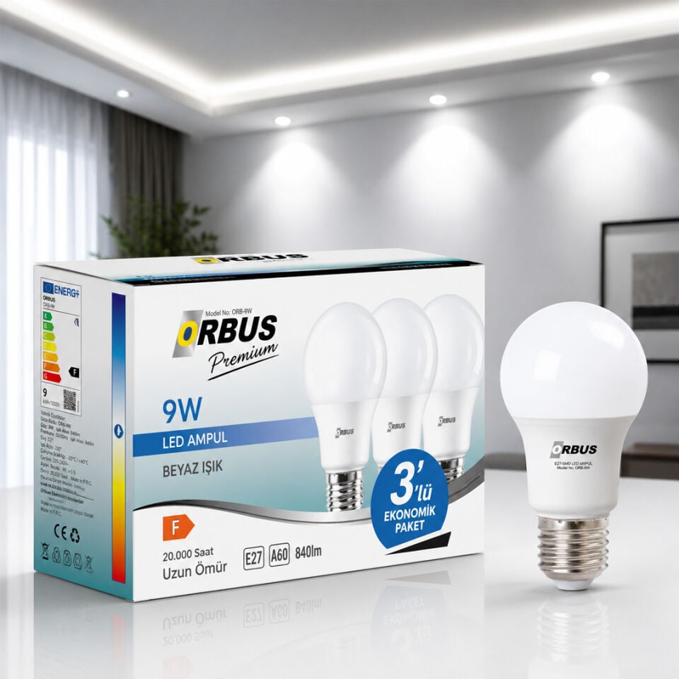 ORBUS Premium 9W LED Ampul 3’lü Paket Beyaz Işık 6500K E27 840 Lümen