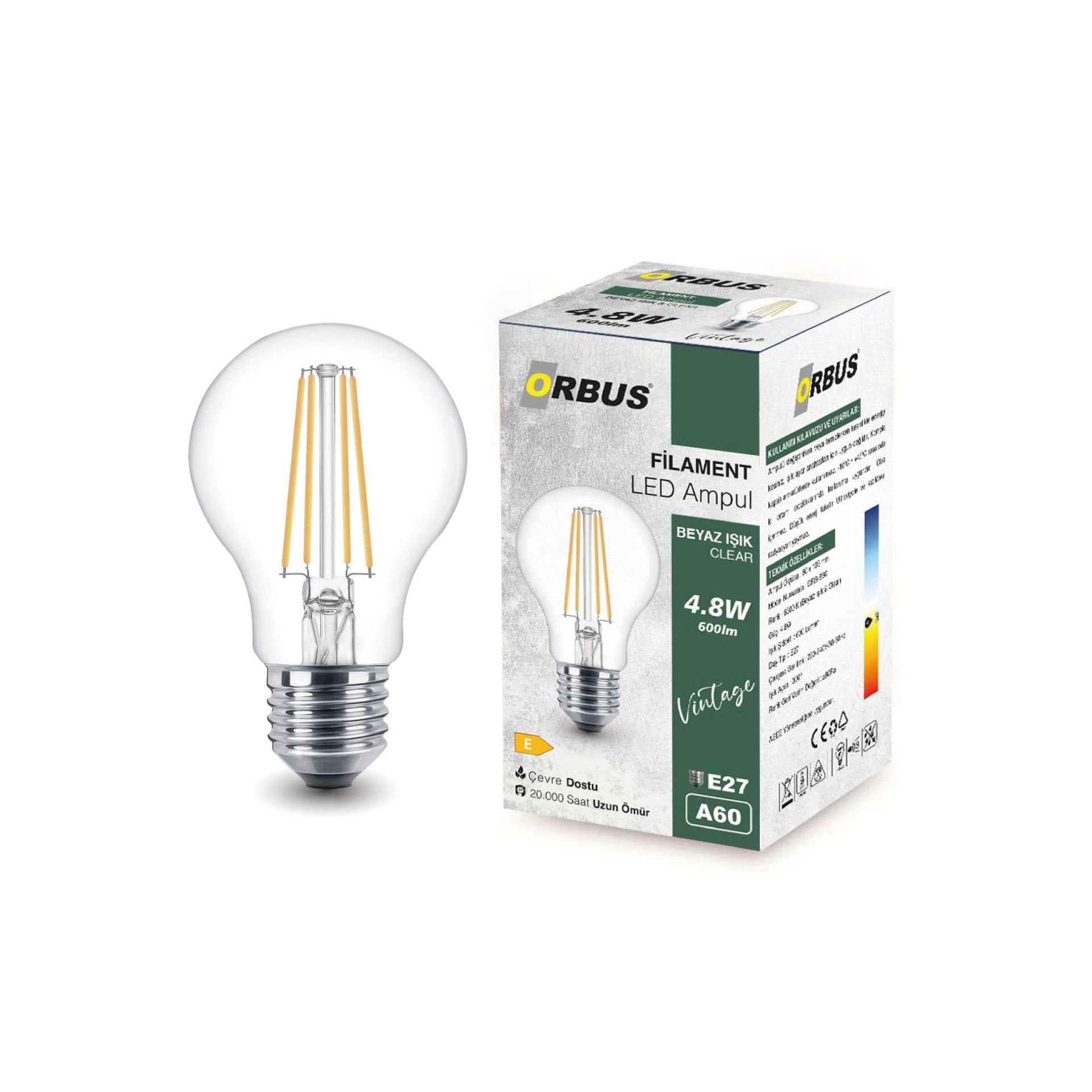 Orbus Beyaz Işık B60 4.8W Clear AMPUL  E27 600lm