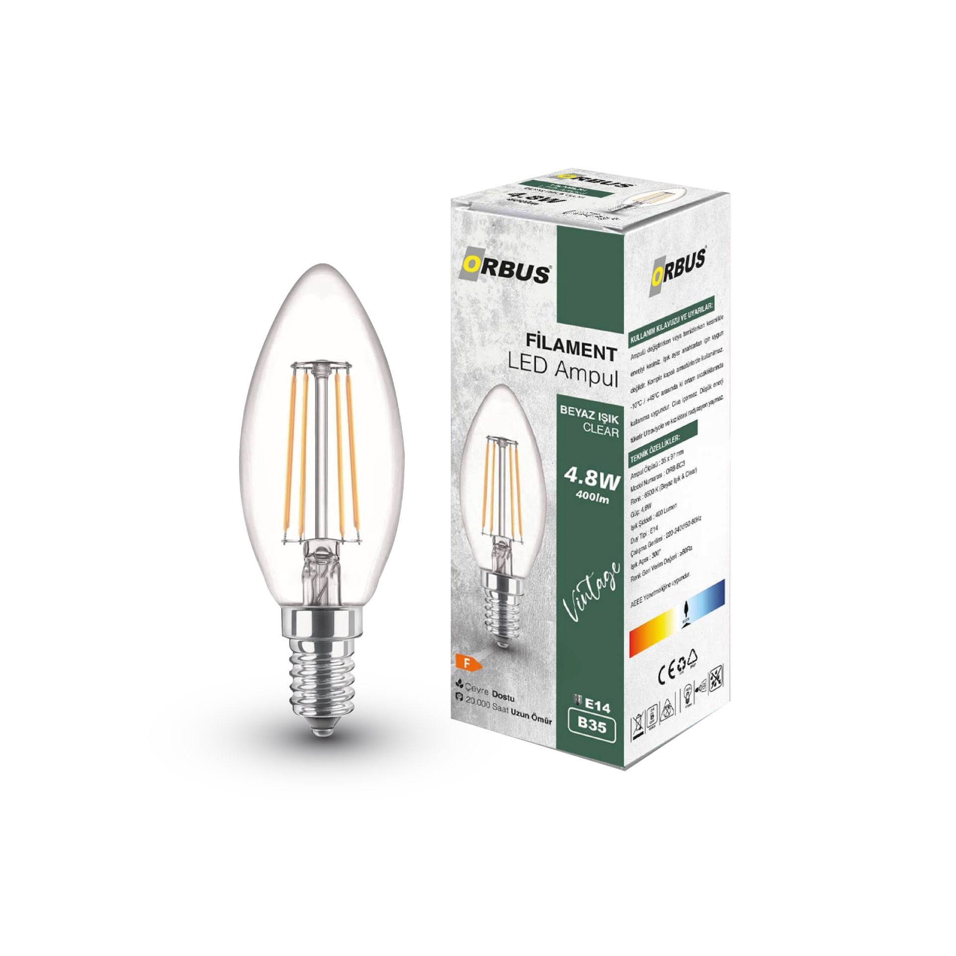 ORBUS BCB3 Filament LED Ampul Beyaz Işık 4W E14 400 Lümen 6500K Ampul