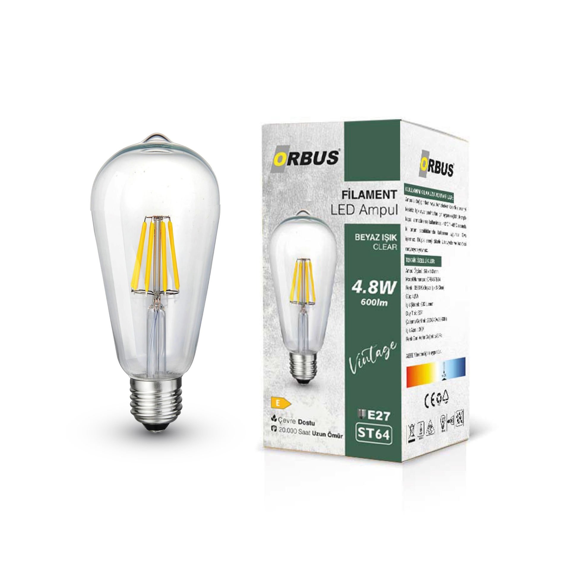 ORBUS Beyaz Işık STB64 4.8w Clear Ampul E27 600lm