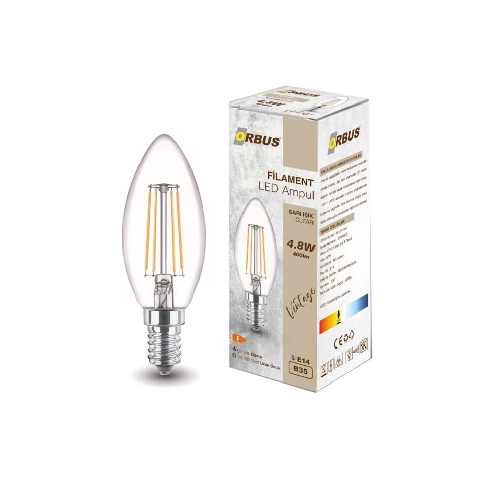 ORBUS BC3 E14 Filament LED Ampul Şeffaf Cam Sarı Işık 4W 400 lm 2700K