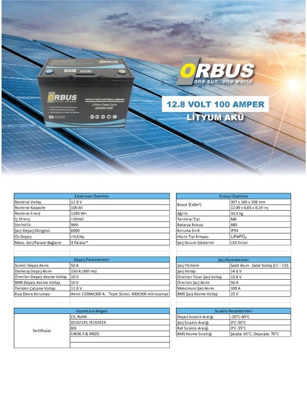 ORBUS 12.8 Volt 100 Amper LiFePO4 Lityum Akü | Solar Sistem, Karavan & Marin Uyumlu