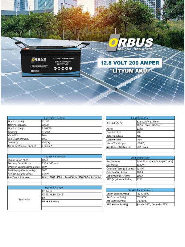 ORBUS 12.8 Volt 200 Amper LiFePO4 Lityum Akü | Solar Sistem, Karavan & Marin Uyumlu