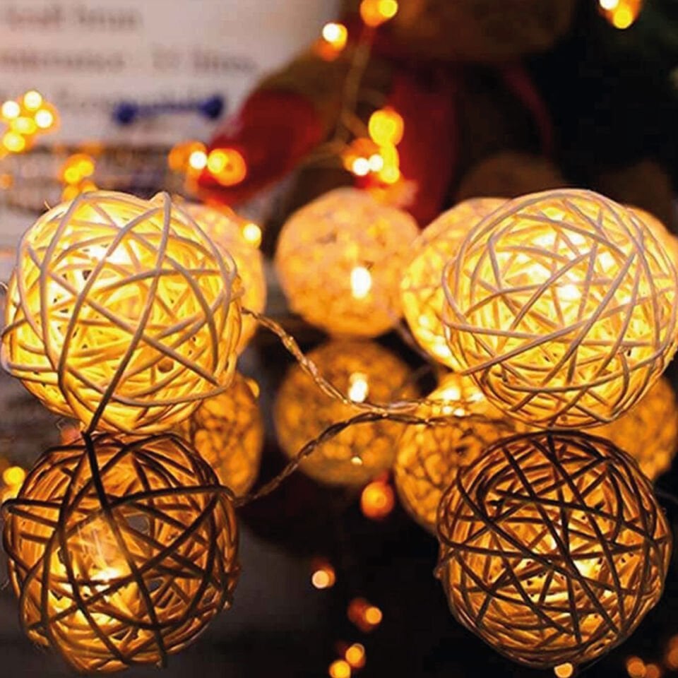 Rattan Top Led Işık - 10 Adet Örgü Işık Topu Pilli 1.5Metre