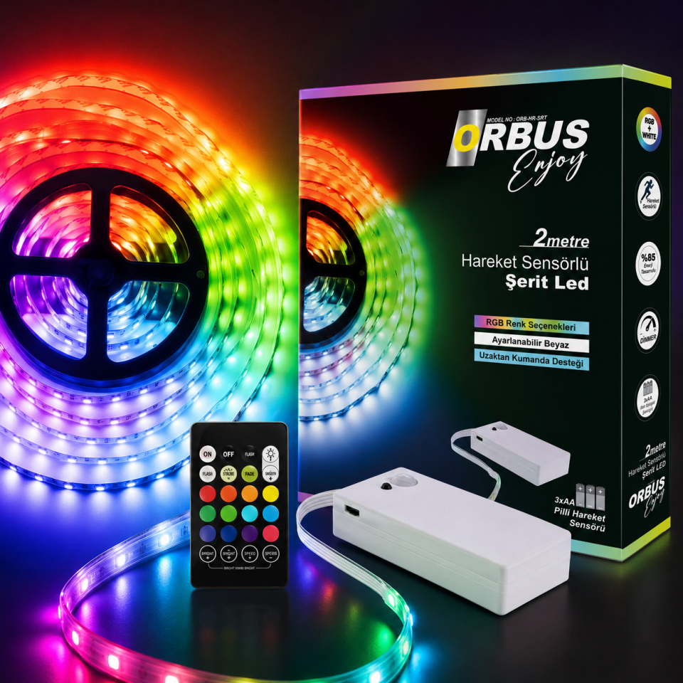 ORBUS Hareket Sensörlü RGB + Beyaz Şerit LED 2 Metre | Kumandalı, Dimmerli, Pilli Aydınlatma