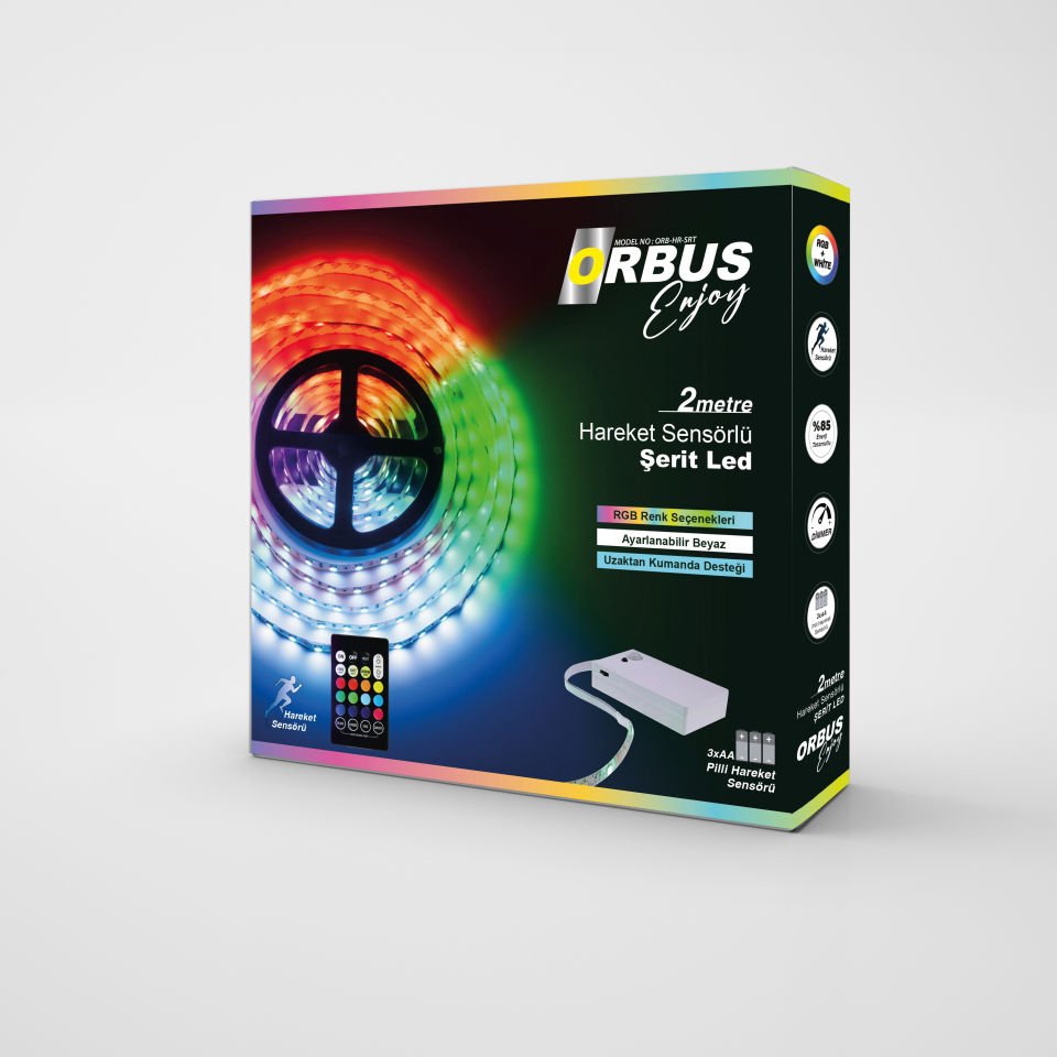 ORBUS Hareket Sensörlü RGB + Beyaz Şerit LED 2 Metre | Kumandalı, Dimmerli, Pilli Aydınlatma