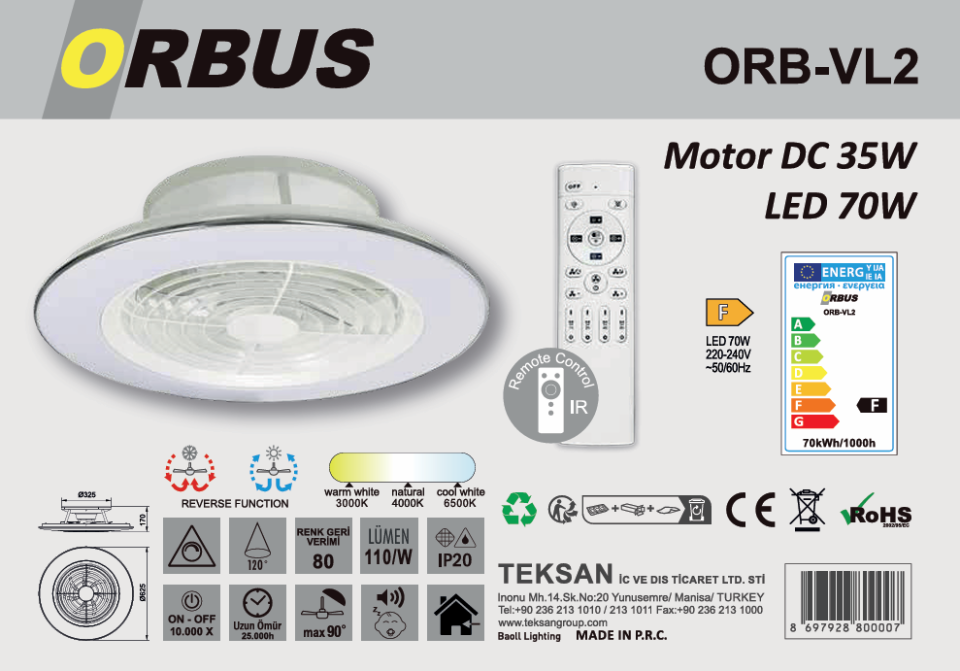 Orbus VL2 Uzaktan Kumandalı LED Tavan Vantilatörü - Ayarlanabilir Işık