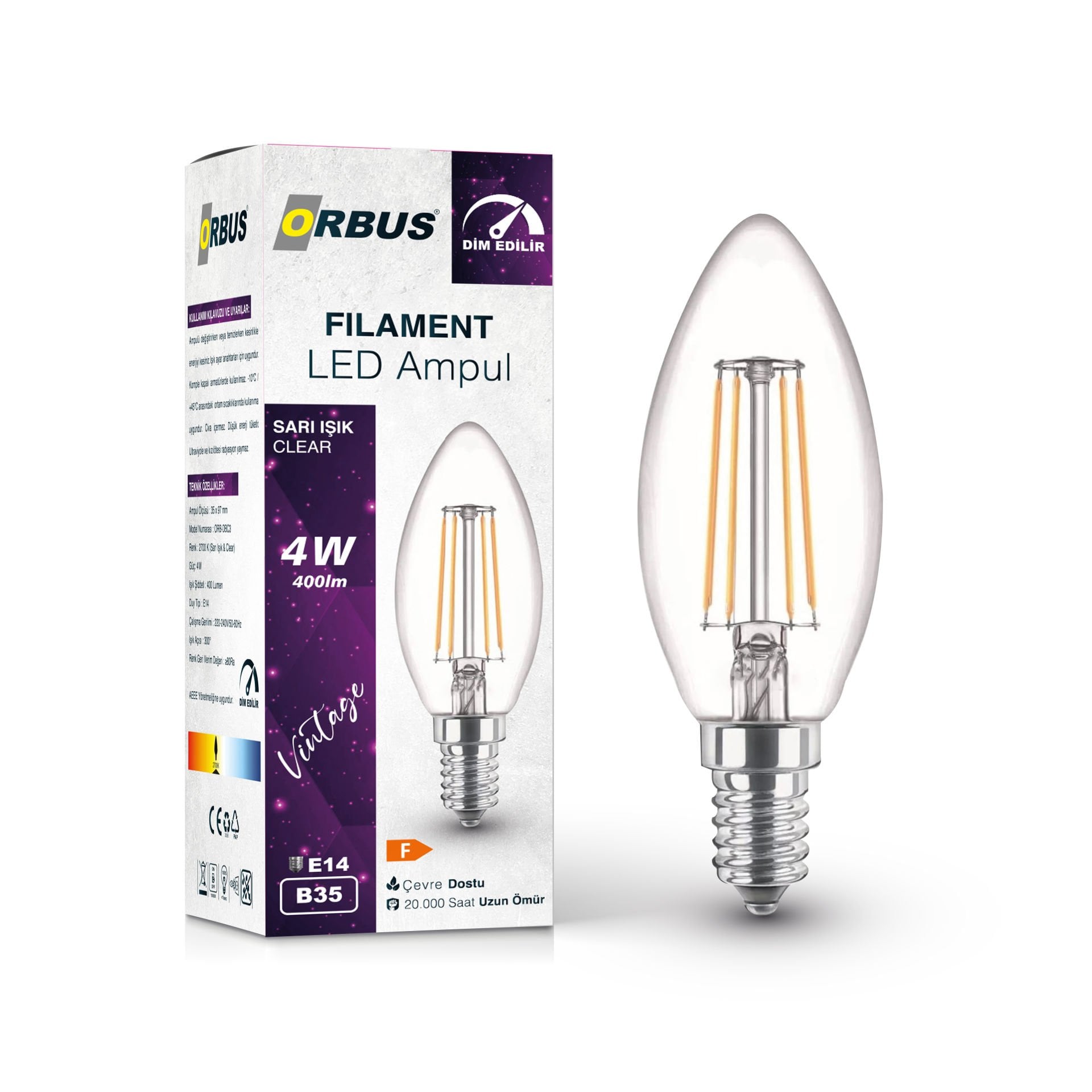 ORBUS E14 SARI IŞIK SEFFAF CAM DİM EDİLEBİLİR AMPUL