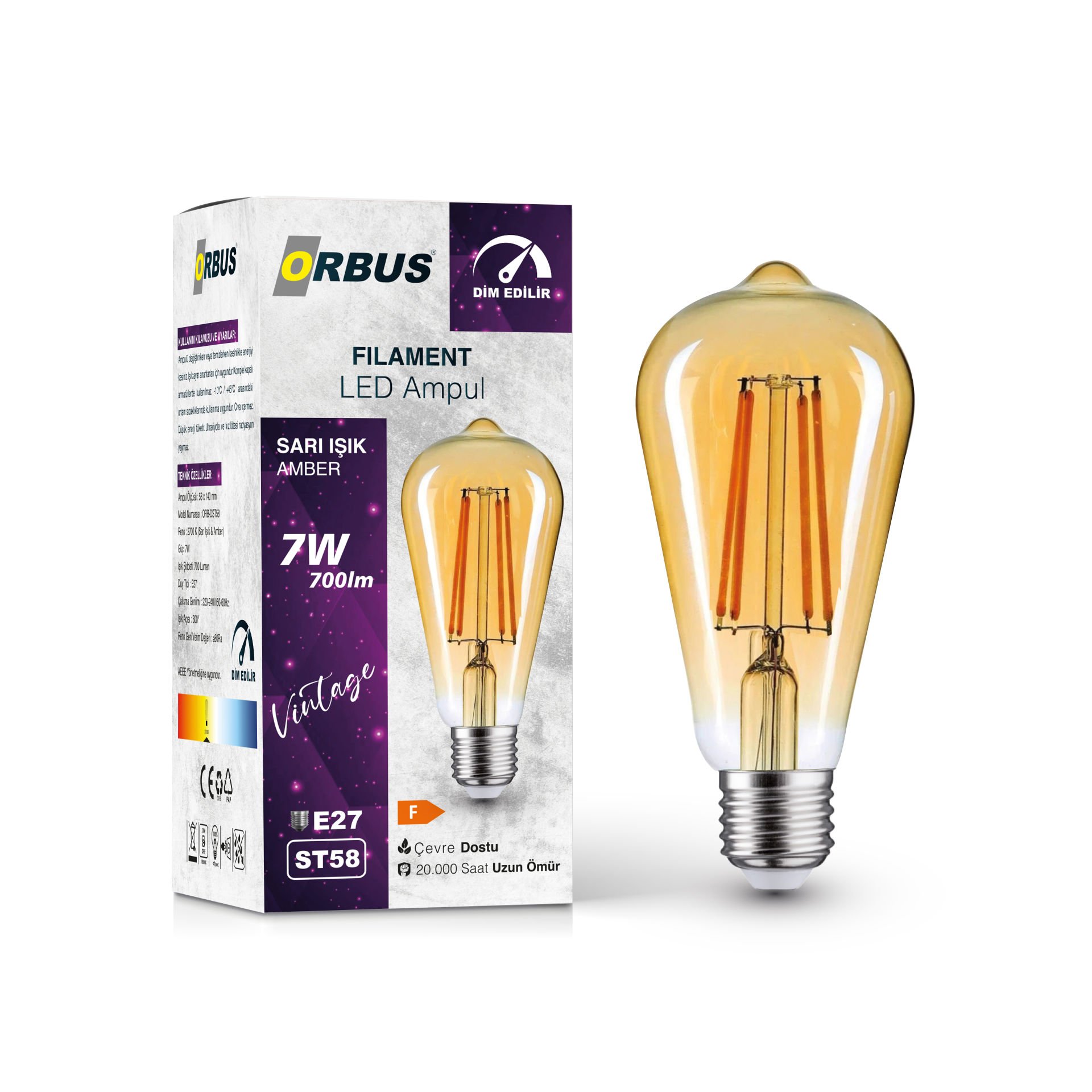 ORBUS Dim Edilebilir 7W E27 Filament LED Ampul - DST58