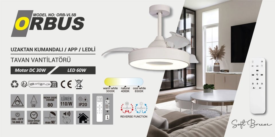 Orbus VL5B Estetik Tasarımlı Uzaktan Kumandalı LED Tavan Vantilatörü - Ayarlanabilir Işık ve Hız Kontrolü