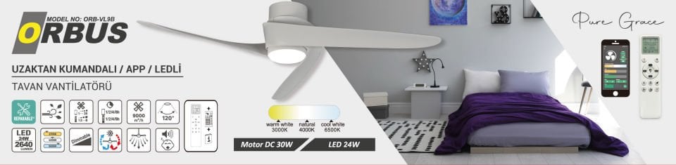 ORBUS VL9B Akıllı Ledli Tavan Vantilatörü - Uzaktan Kumanda ve APP Desteği ile Hız ve Işık Kontrolü