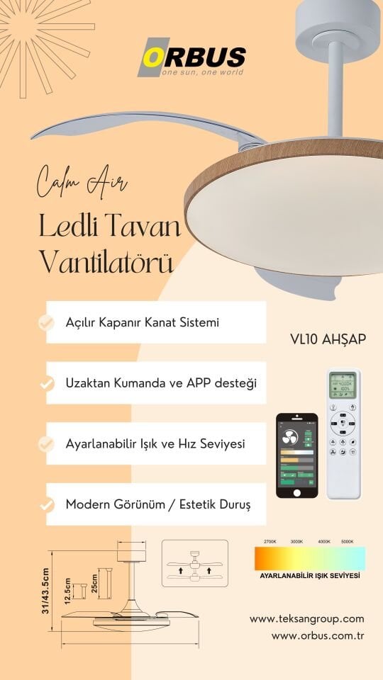 ORBUS VL10 Akıllı Ledli Tavan Vantilatörü - Açılır Kapanır Kanat, Uzaktan Kumanda ve APP Desteği