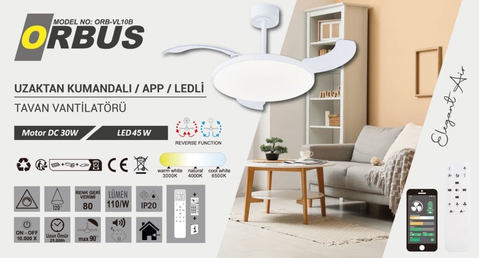ORBUS VL10B Akıllı Ledli Tavan Vantilatörü - Açılır Kapanır Kanat, Uzaktan Kumanda ve APP Desteği