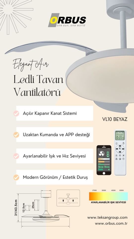 ORBUS VL10B Akıllı Ledli Tavan Vantilatörü - Açılır Kapanır Kanat, Uzaktan Kumanda ve APP Desteği