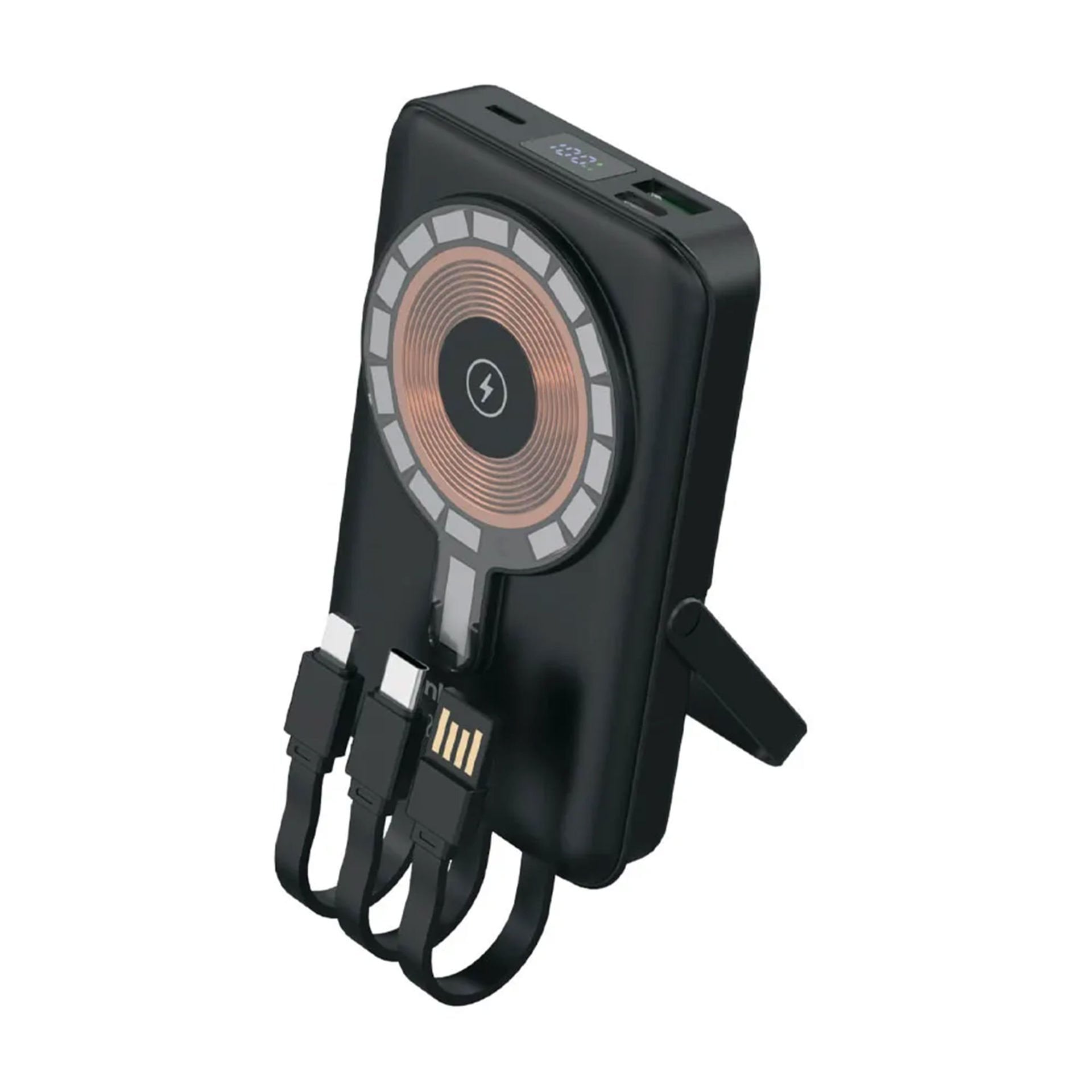 Linkage 15W Kablosuz Powerbank 10.000 mAh – Dahili Kablo, USB-C, Micro, Lightning, LED Ekranlı Taşınabilir Şarj Cihazı