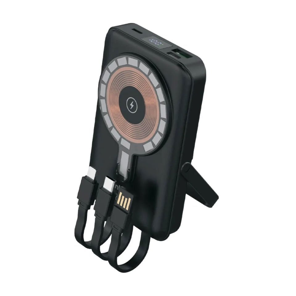 Linkage 15W Kablosuz Powerbank 10.000 mAh – Dahili Kablo, USB-C, Micro, Lightning, LED Ekranlı Taşınabilir Şarj Cihazı