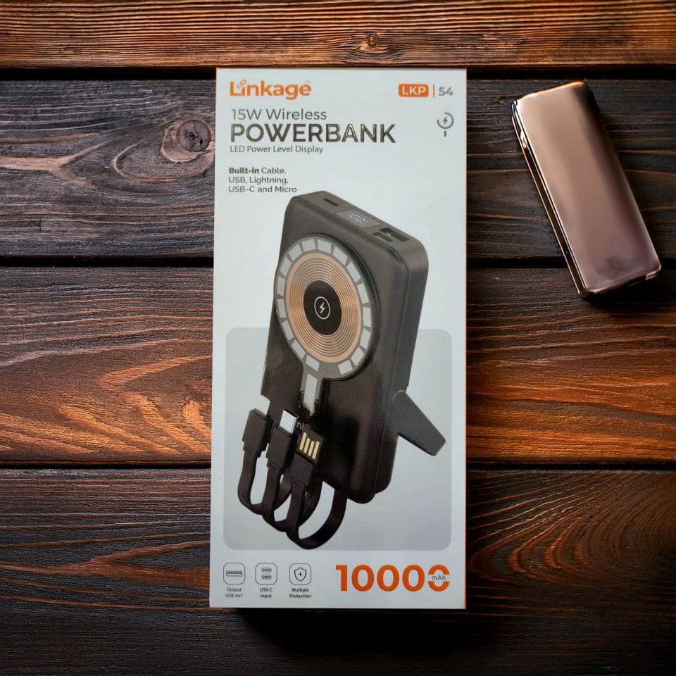 Linkage 15W Kablosuz Powerbank 10.000 mAh – Dahili Kablo, USB-C, Micro, Lightning, LED Ekranlı Taşınabilir Şarj Cihazı