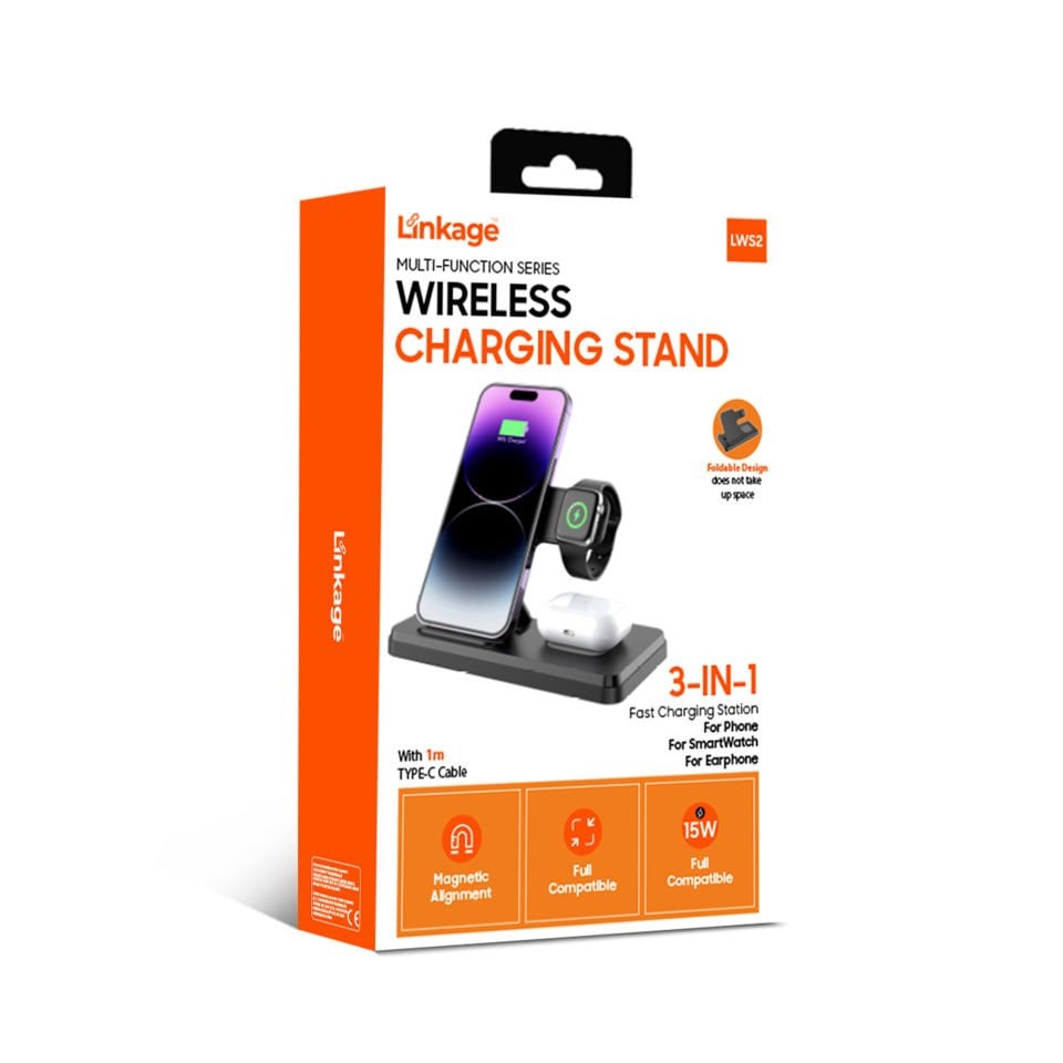 Linkage  3'ü 1 Arada Kablosuz Şarj Standı | 15W Hızlı Şarj | Telefon, Akıllı Saat ve Kulaklık Uyumlu | Type-C Kablo Dahil