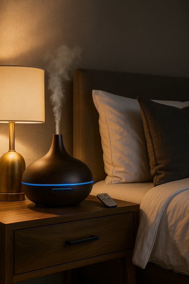 Kumandalı Ahşap Desenli Aromaterapi Hava Nemlendirici | 7 Renk LED Işıklı | Zamanlayıcılı Buhar Difüzörü