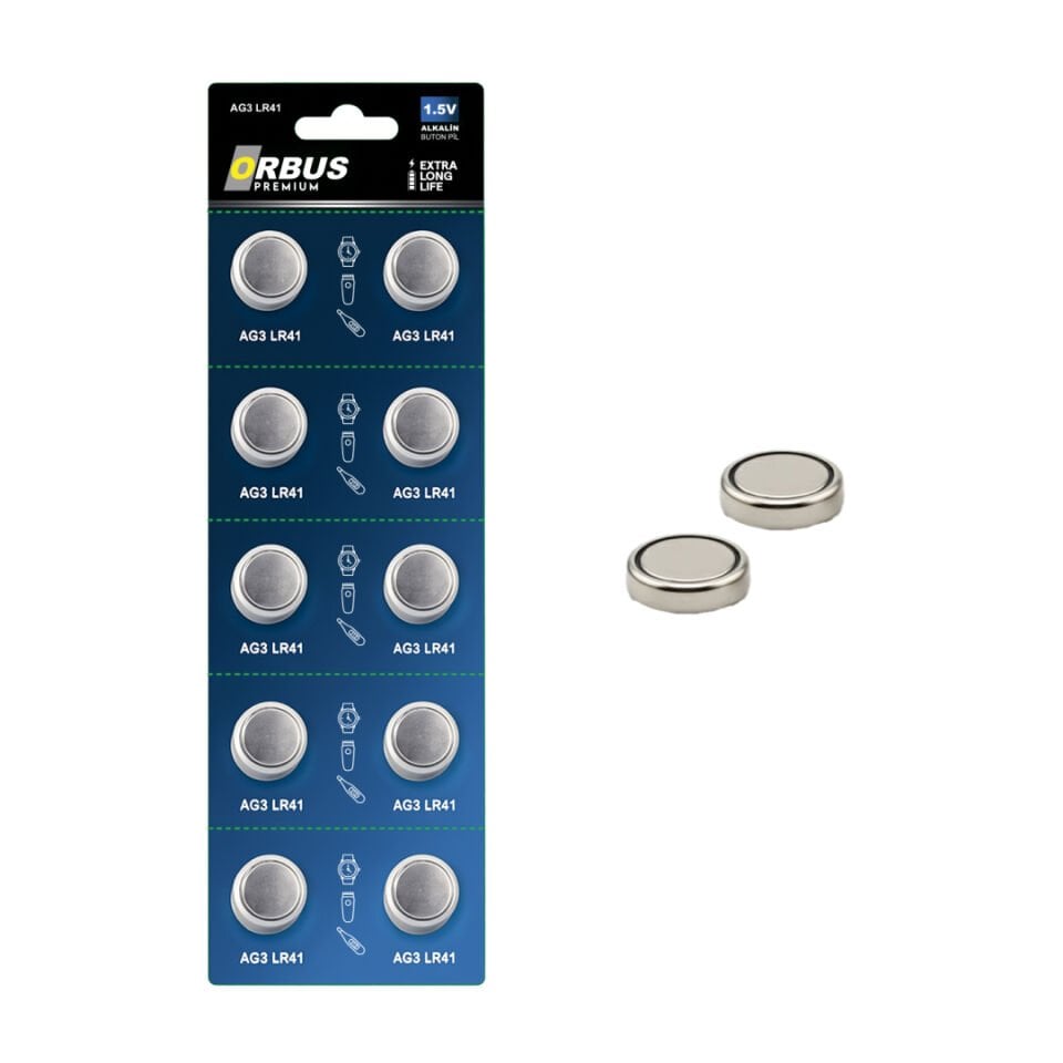 Orbus AG3 LR41 Alkalin Düğme Pil 1.5V – 10’lu Paket | Uzun Ömürlü ve Yüksek Performanslı Buton Pil