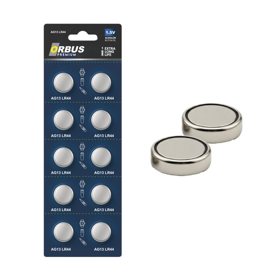 Orbus AG13 LR44 Alkalin Düğme Pil 1.5V – 10’lu Paket | Uzun Ömürlü ve Güçlü Performanslı Buton Pil
