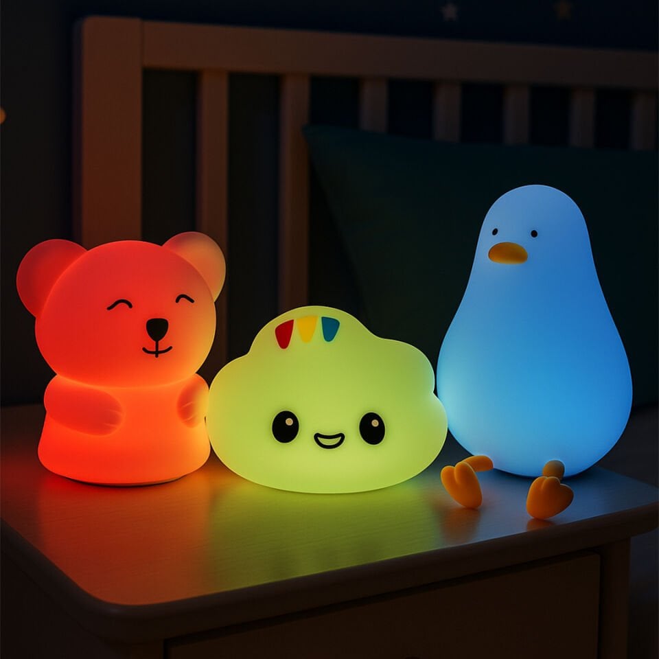 Orbus 3’lü Silikon Gece Lambası Seti – Ayıcık, Bulut ve Ördek Model – Dokunmatik, 7 Renk Değiştirilebilir, Yumuşak Silikon, AAA Pilli