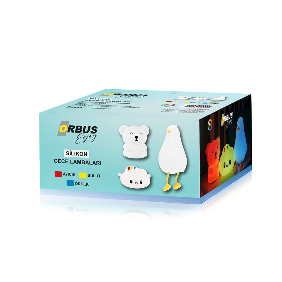 Orbus 3’lü Silikon Gece Lambası Seti – Ayıcık, Bulut ve Ördek Model – Dokunmatik, 7 Renk Değiştirilebilir, Yumuşak Silikon, AAA Pilli