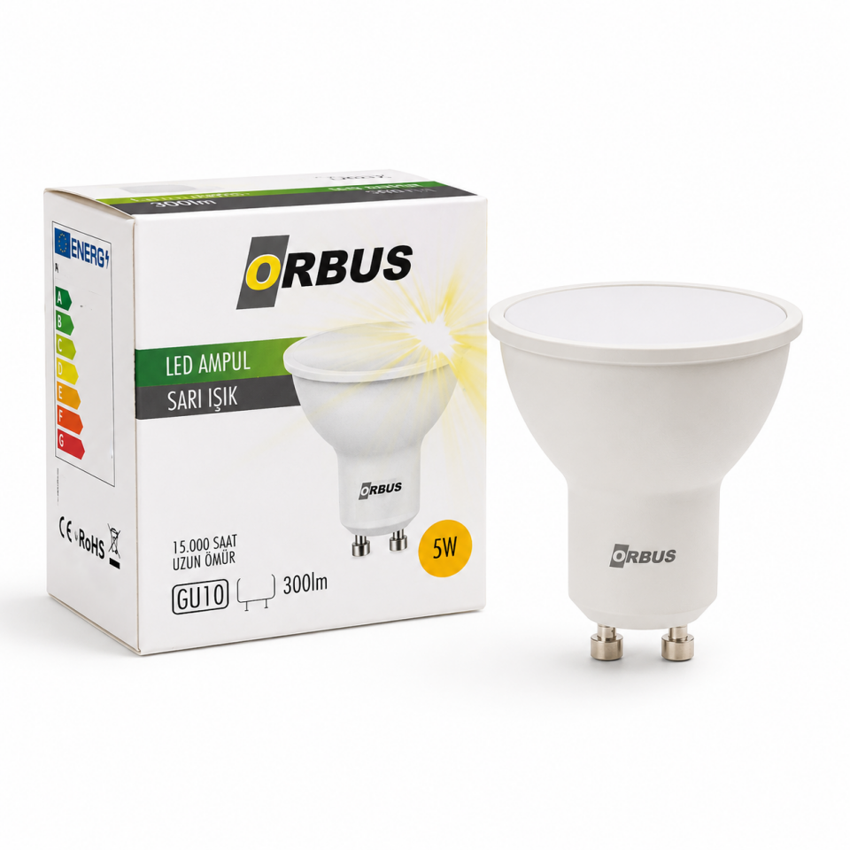ORBUS GU10 LED Spot Çanak Ampul Sarı Işık 5W 3000K 300 Lümen 50x57 mm