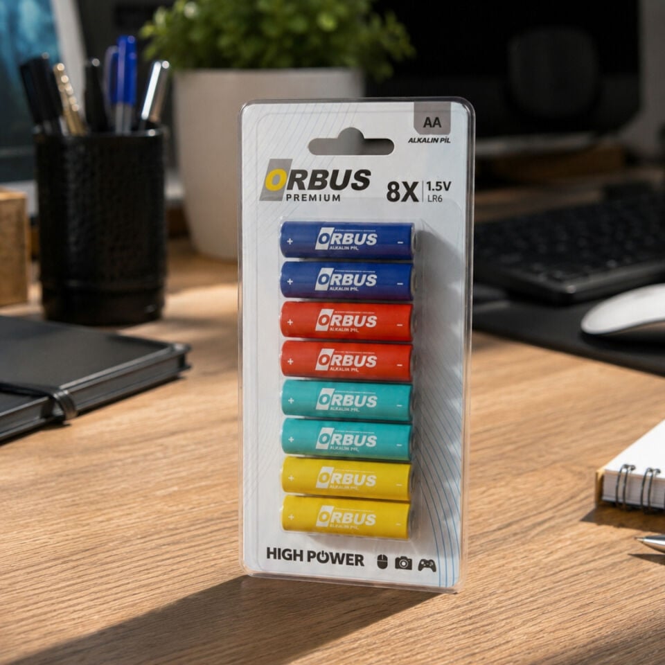 Orbus Premium AA Alkalin Pil 8’li Paket 1.5V LR6 – Yüksek Performanslı Kalem Pil