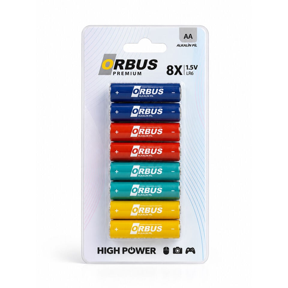 Orbus Premium AA Alkalin Pil 8’li Paket 1.5V LR6 – Yüksek Performanslı Kalem Pil